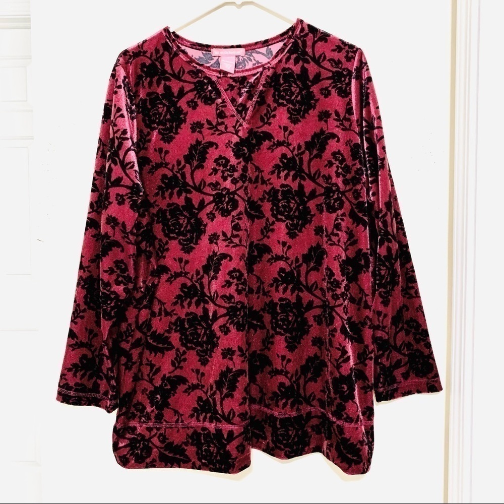 WOMAN WITHIN Floral Print Velour Red top Size L